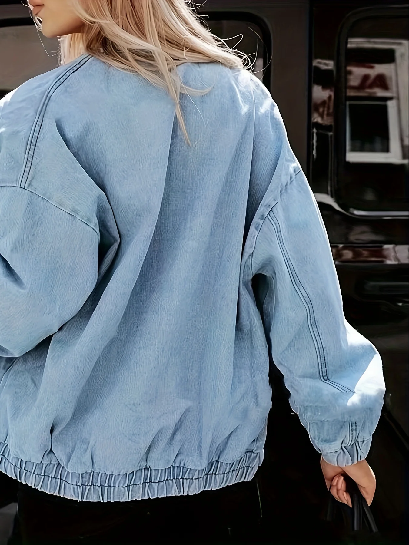 deanwangkt-1 Plus Size Preppy Denim Jacket, Women's Plus Solid Long Sleeve Zipper Mock Neck Denim Jacket With Pockets - Deanwangkt