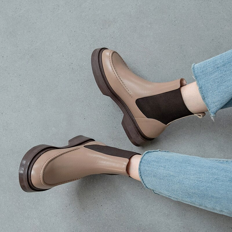 deanwangkt Autumn Shoes     Retro British Style Slip-On Chelsea Boots Genuine Leather Women's Boots Fashion Ankle Boots Round Toe Flat with Women Shoes - Deanwangkt