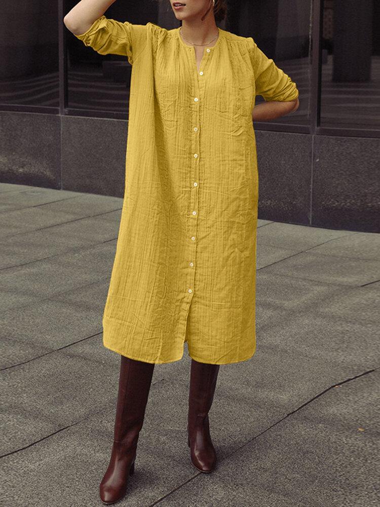 deanwangkt Casual Solid Plain Long Sleeve Button Cotton Shirt Dress - Deanwangkt