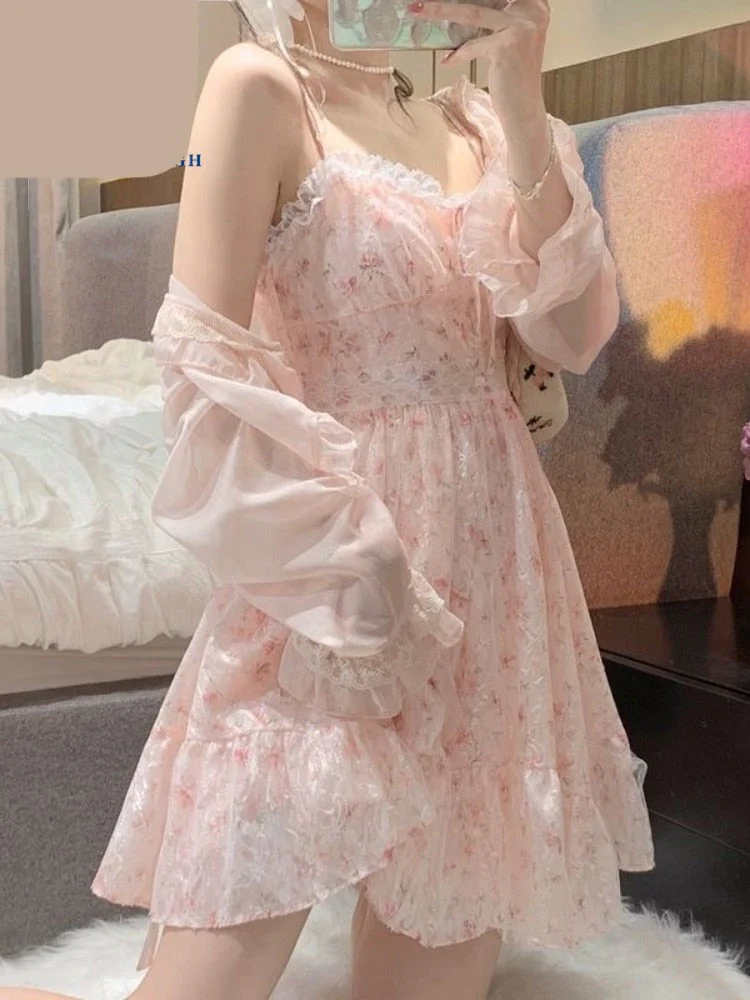 2 Piece Dress Set Women Floral Mini Dress + Casual Blouse Korean Fashion Suits Kawaii Clothing Lolita Dress Party Summer - Deanwangkt