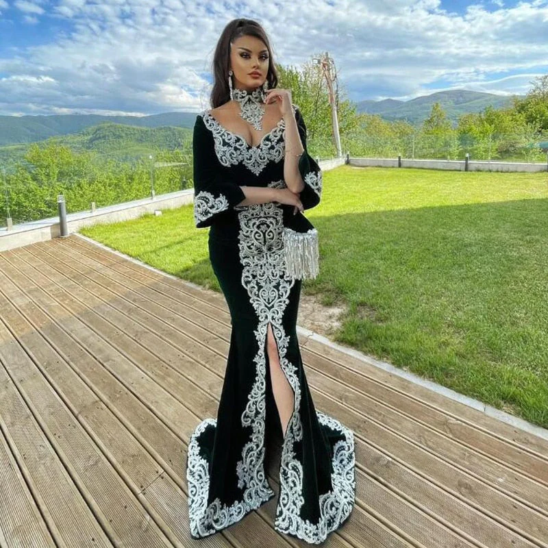 Black Moroccan Caftan Evening Dress Mermaid Velour Embroidery Half Sleeve Islamic Dubai Saudi Arabic Abaya Prom Dress - Deanwangkt