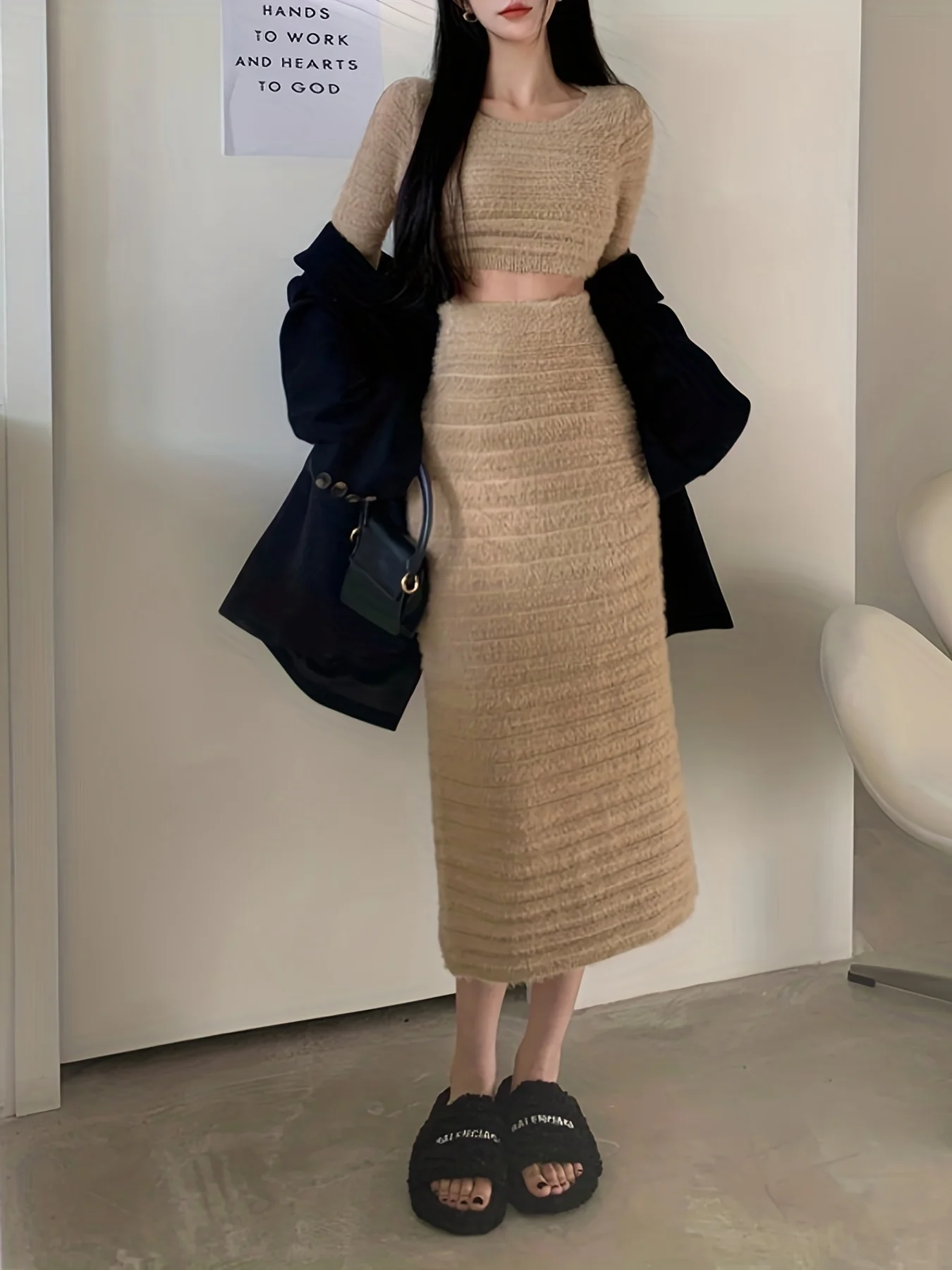 deanwangkt  Versatile Solid Two-piece Skirt Set, Crop Long Sleeve Top & High Waist Bodycon Skirt Outfits, Women's Clothing - Deanwangkt