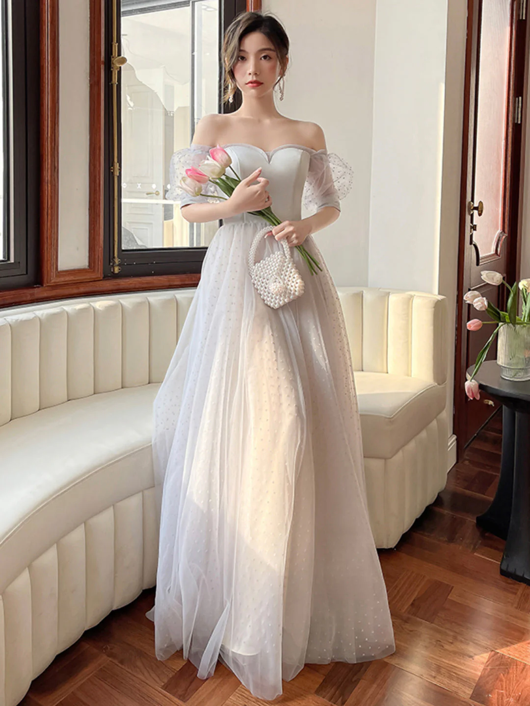 solvbao Gray Strapless Tulle Long Prom Dress, Lovely A-Line Evening Dress - Deanwangkt