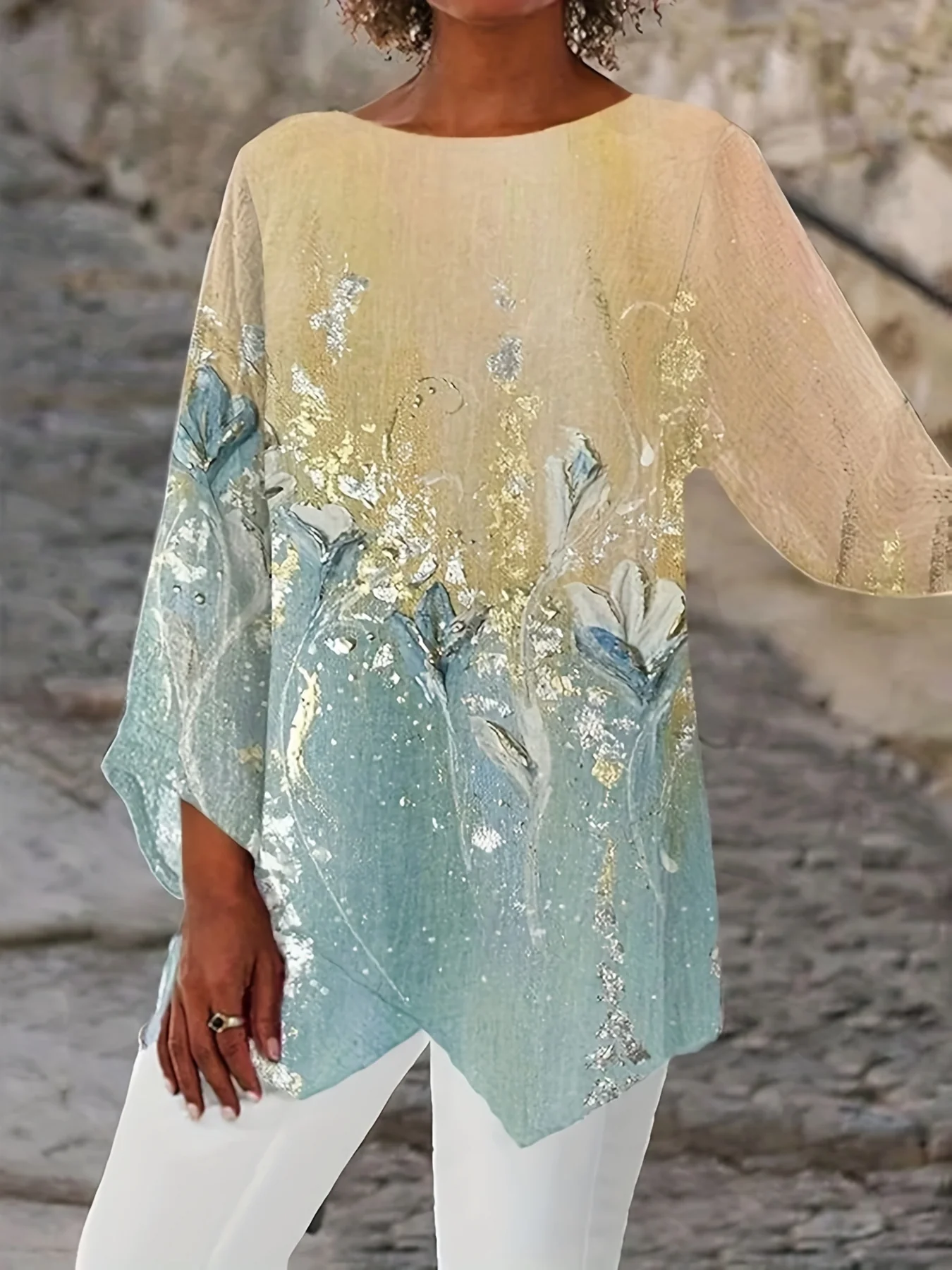 Plus Size Elegant T-shirt, Women's Plus Floral Print Colorblock Long Sleeve Round Neck Asymmetric Hem Tunic T-shirt - Deanwangkt