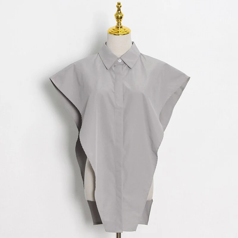 deanwangkt Casual Solid Shirt For Women Lapel Sleeveless Loose Minimalist Irregular Blouse Female Fashion New Clothing - Deanwangkt