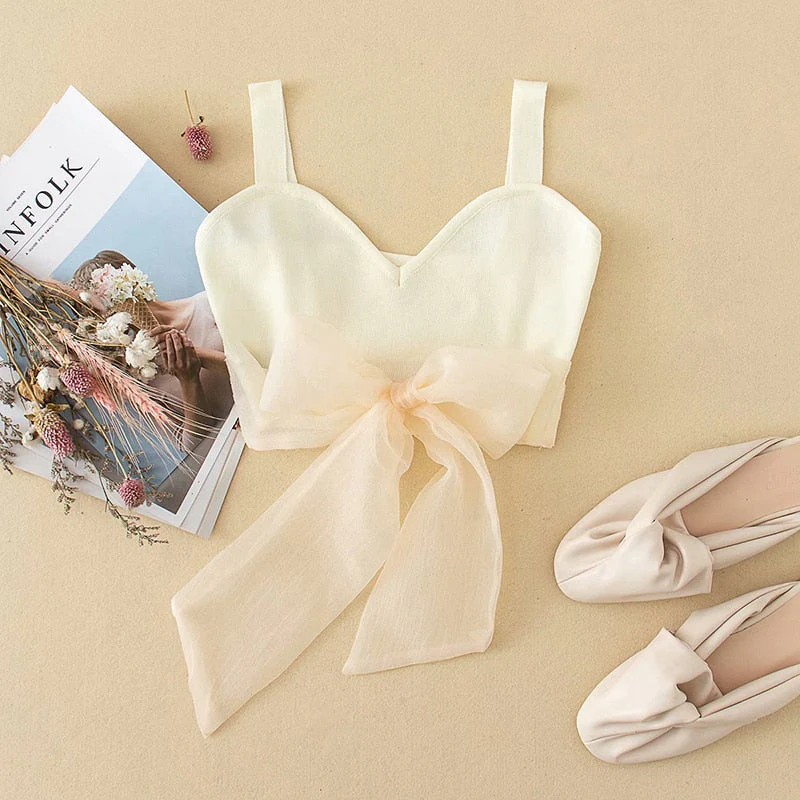 deanwangkt  Vintage women pink tank tops summer fashion ladies elegant knitted bow tops sexy female slim mesh tops sweet girls chic top - Deanwangkt