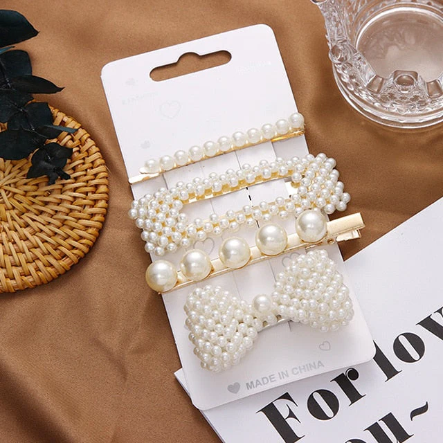 3/4/5pcs/Set Women Girls Elegant Full Pearls Geometric Hair Clips Sweet Hair Ornament Hairpin Barrette Headband Hair Accessories - Deanwangkt