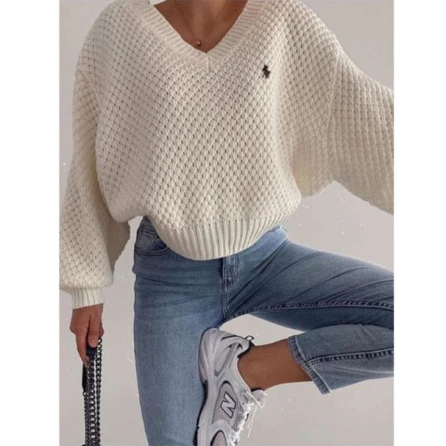 deanwangkt Knitted Loose Women Sweater Solid Casual V Neck Long Sleeve Pullover Sweaters  Autumn Winter Embroidery Sweater Oversize Top - Deanwangkt