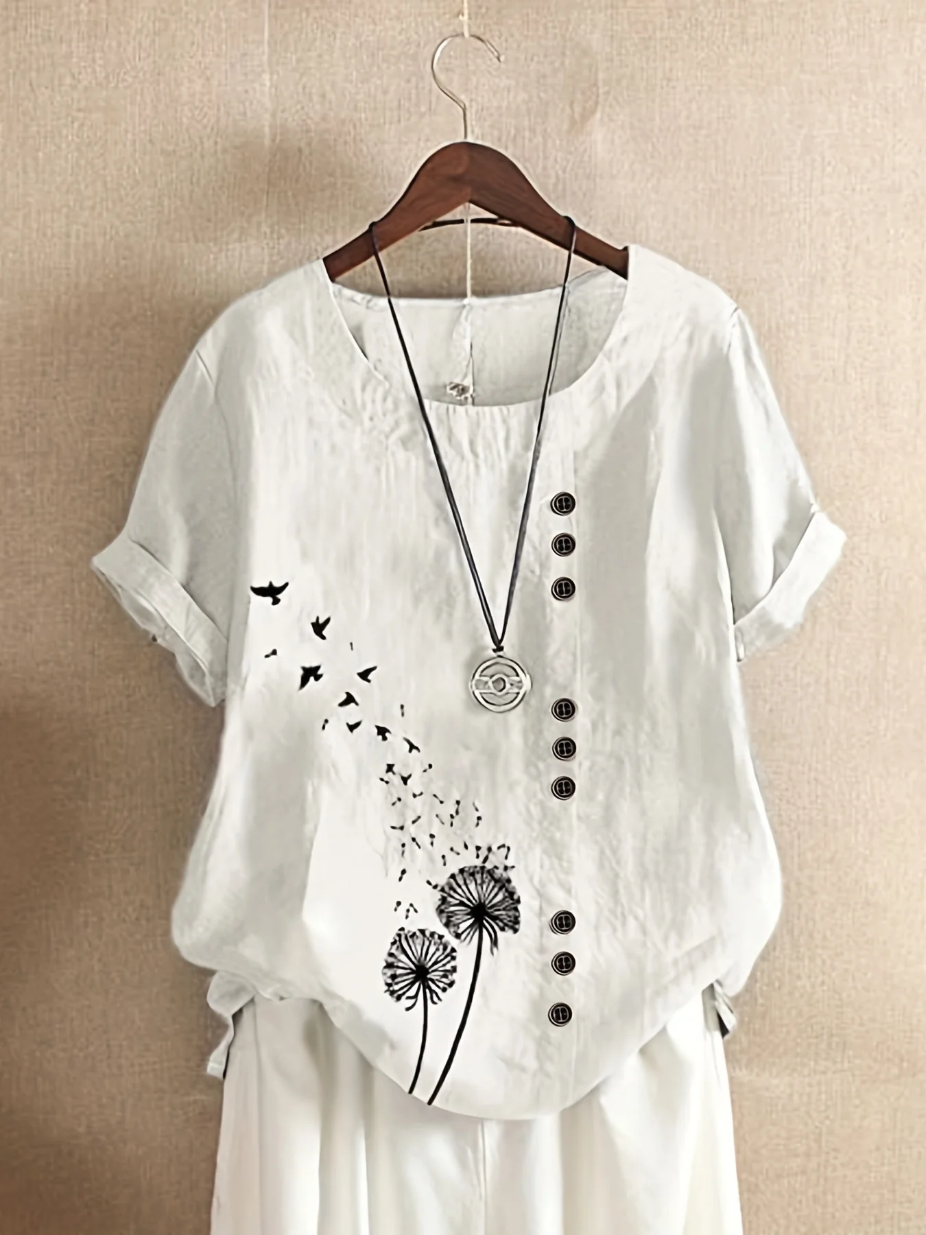 Dandelion Print Button Front Blouse, Casual Short Sleeve Blouse For Spring & Summer, Women's Clothing - Deanwangkt