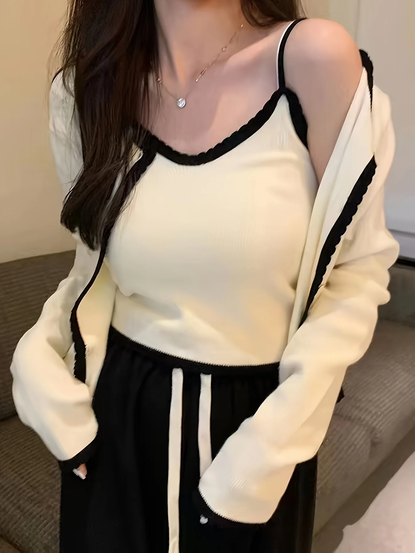 deanwangkt  Contrast Trim Two-piece Set, Cami Top & Button Front Long Sleeve Cardigan Outfits, Women's Clothing - Deanwangkt