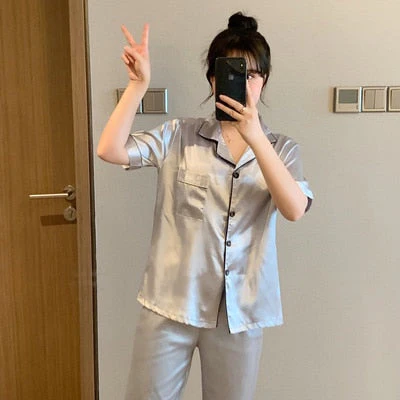 Newest Silk Pajamas for Women Sweet Leopard Pyjamas Woman Elegant Short Sleeve Long Pant Homewear Ladies Sleepwear Sets - Deanwangkt