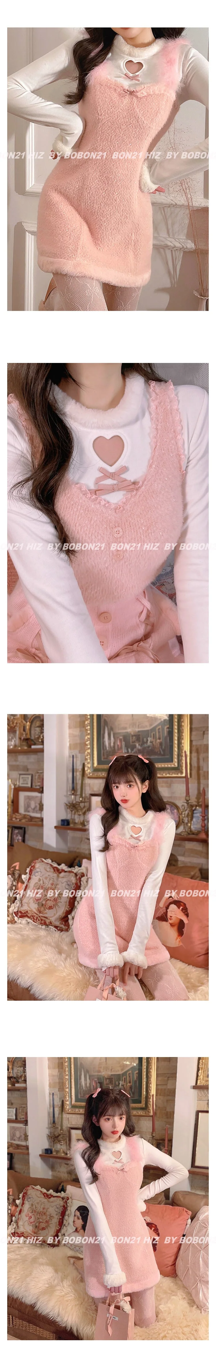 Japanese Pink Sweet Lolita Blouse Women Winter Warm Kawaii Knitted Blouse Female Long Sleeve Tops Korean Style Clothing  New - Deanwangkt