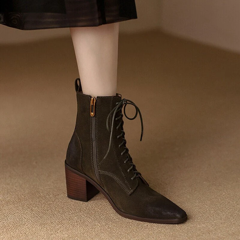 deanwangkt Autumn Boots     NEW Fall Shoes Women Pointed Toe Chunky Heel Shoes for Women Retro Cow Suede Western Boots Concise Short Boots Women Brown Shoes - Deanwangkt