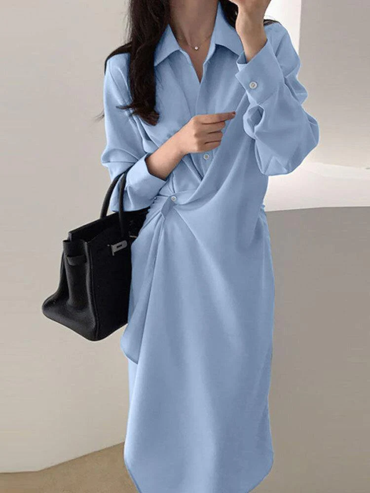 deanwangkt Pure Color Turn-down Collar Long Sleeve Button Irregular Hem Shirt Dress - Deanwangkt