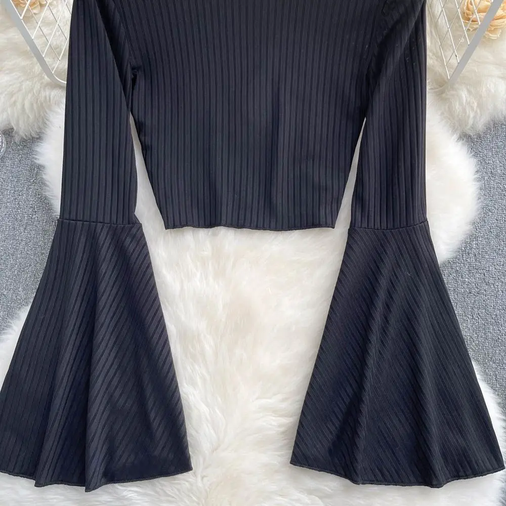 deanwangkt Elegance Casual Fashion Flared Sleeve Short O-neck Slim T-shirt And Blouses Top Summer Autumn Clothes For Woman Basics - Deanwangkt