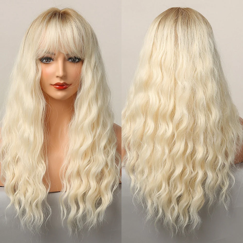 Pure Blonde Synthetic Hair Wigs Long Water Wave Wig for Women Colored Cosplay Lolita Wig with Bangs Heat Resistant - Deanwangkt