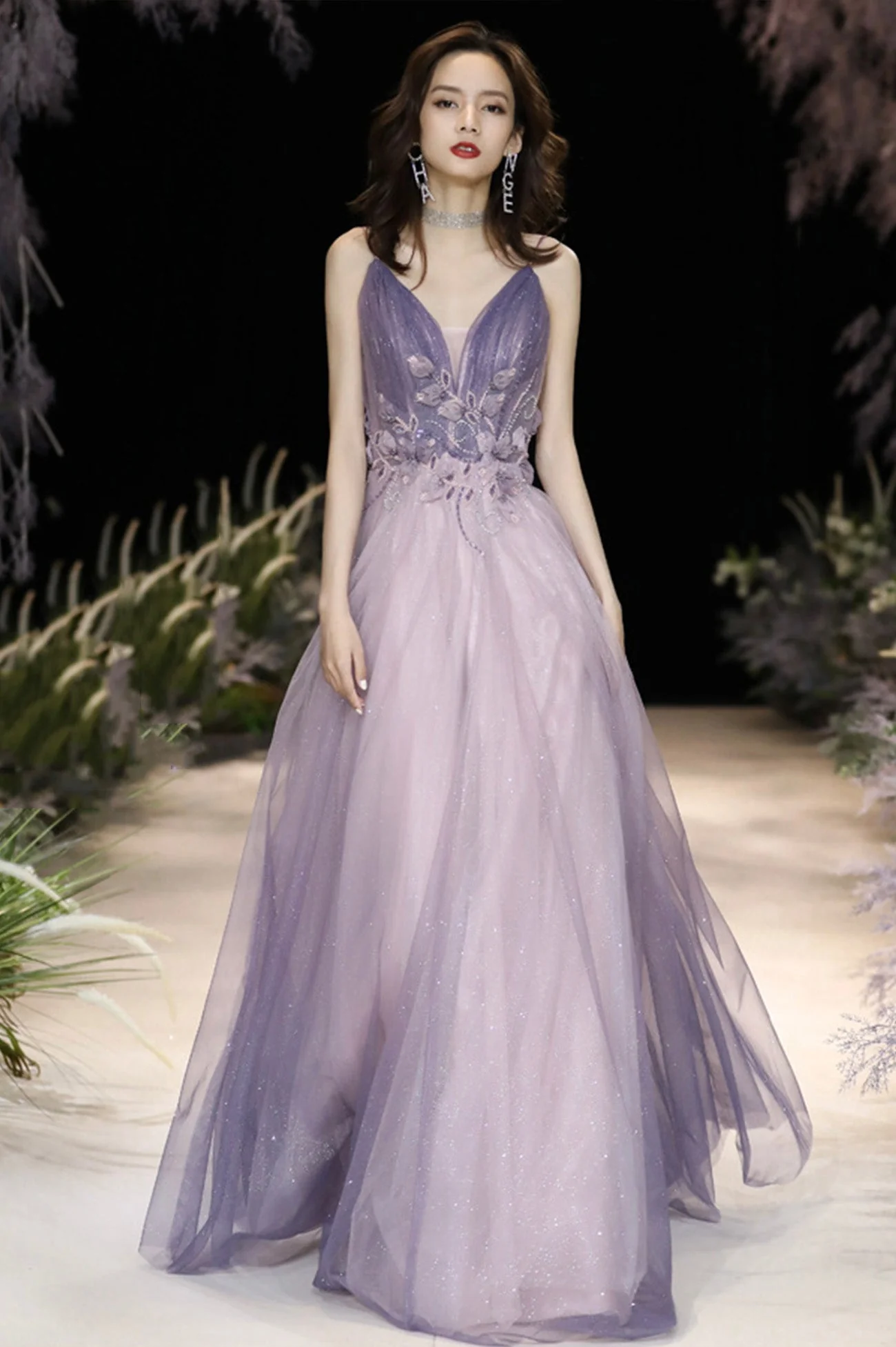 solvbao Purple V-Neck Tulle Long Prom Dresses, A-Line Evening Dresses - Deanwangkt