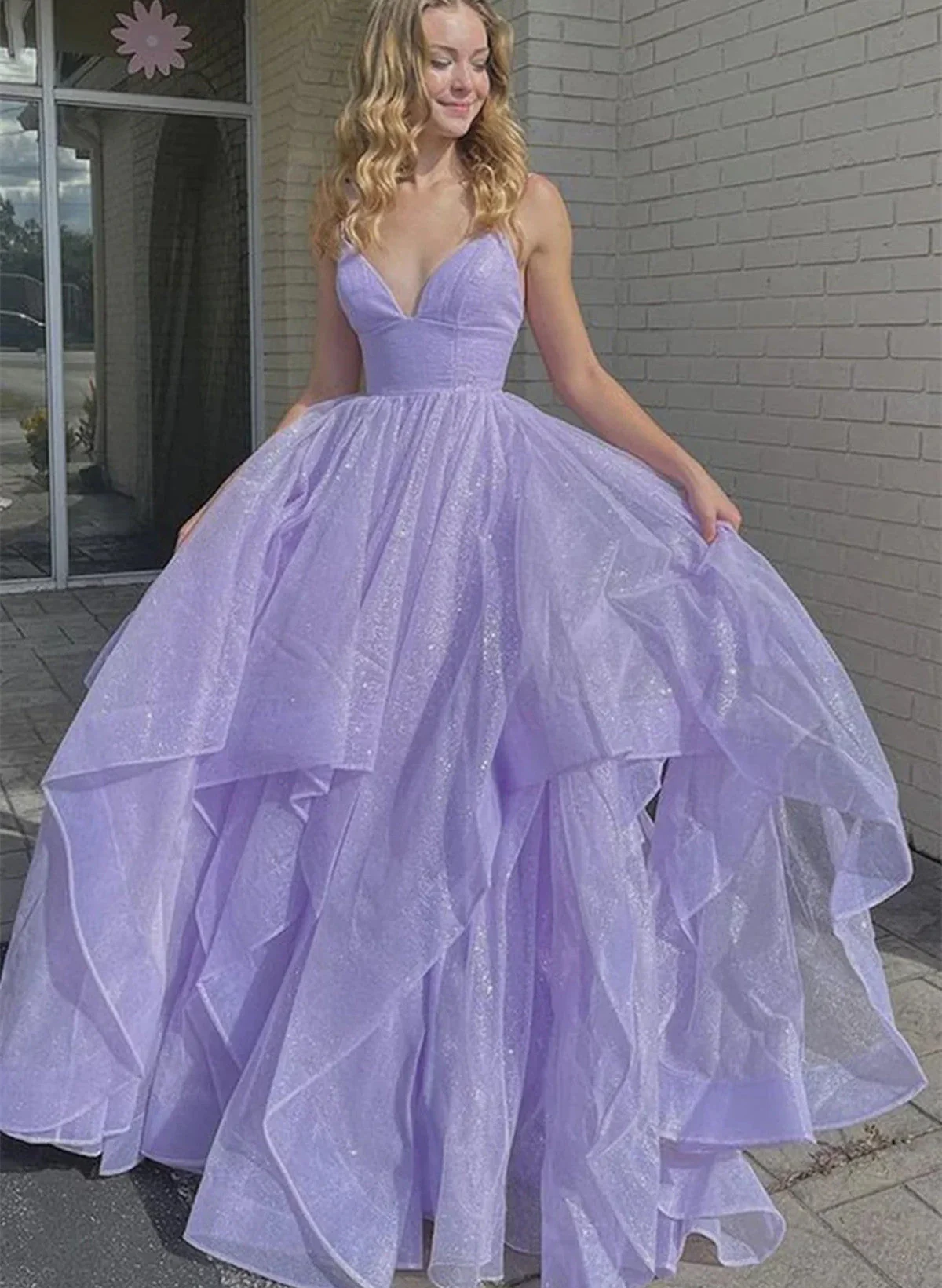 Solvbao Beautiful Light Purple Long Prom Dress, V-neckline Purple Tulle Evening Dress - Deanwangkt