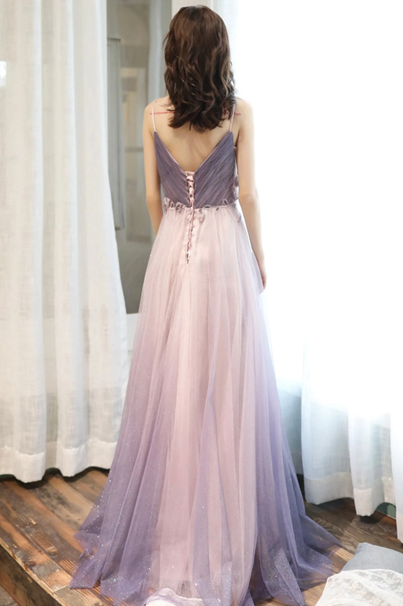solvbao Purple V-Neck Tulle Long Prom Dresses, A-Line Evening Dresses - Deanwangkt