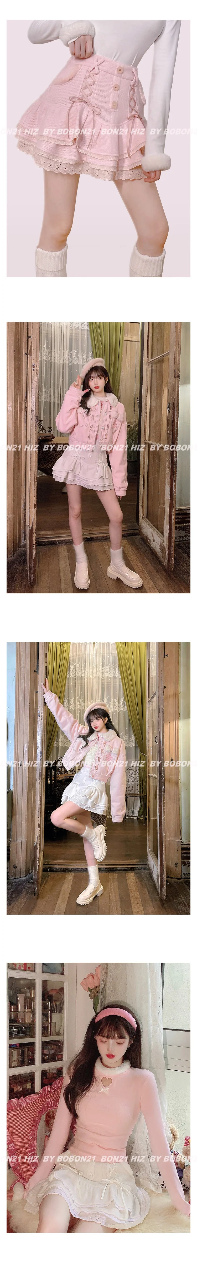 Japanese Kawaii Lolita Mini Skirt Women Winter Lace Casual Elegant Sweet Female Skirt High Waist Bandage Korean Skirt  New - Deanwangkt