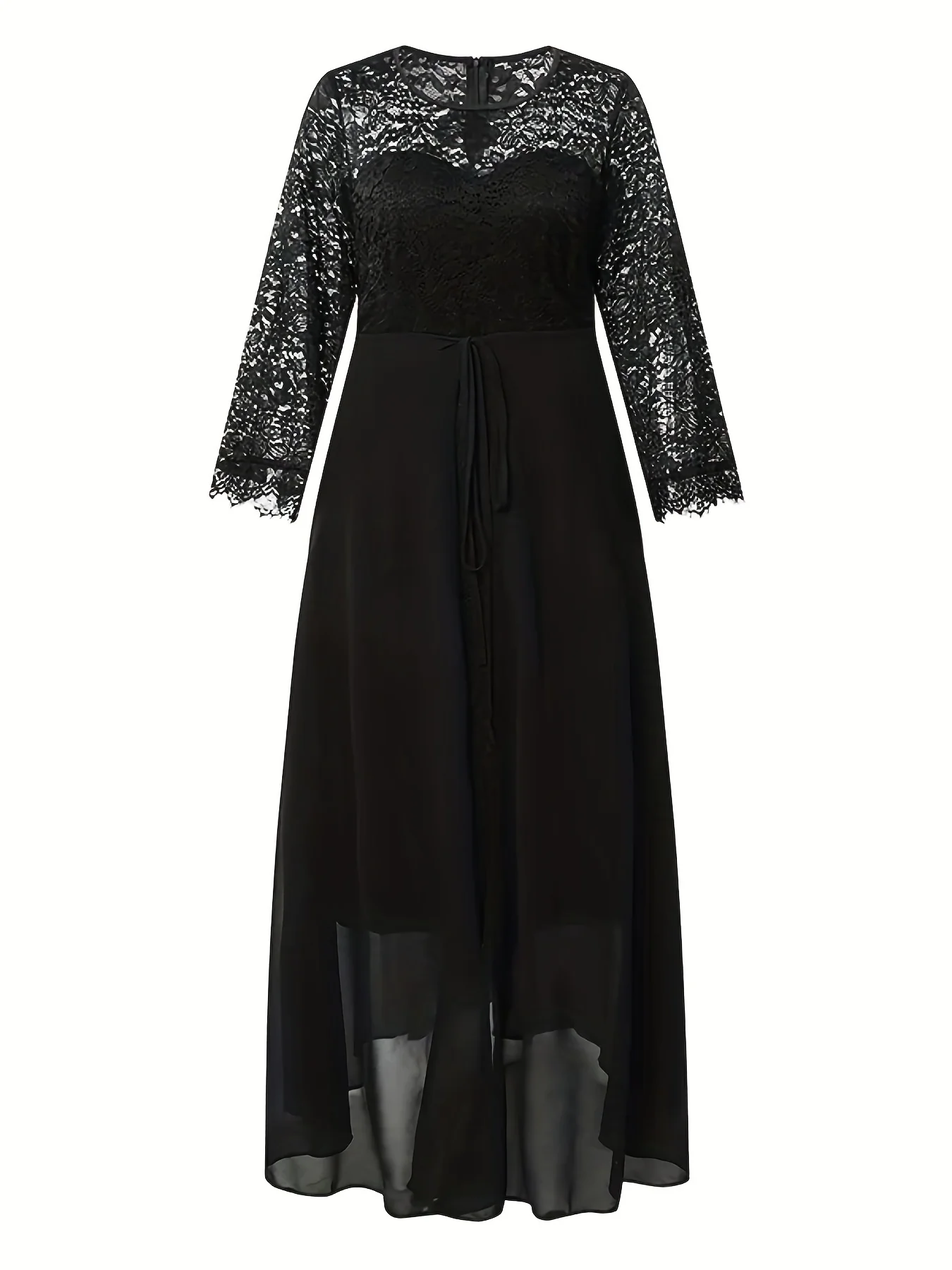 deanwangkt Plus Size Event Dress, Women's Plus Floral Jacquard Contrast Lace Cloak Design Layered Cocktail Dress - Deanwangkt