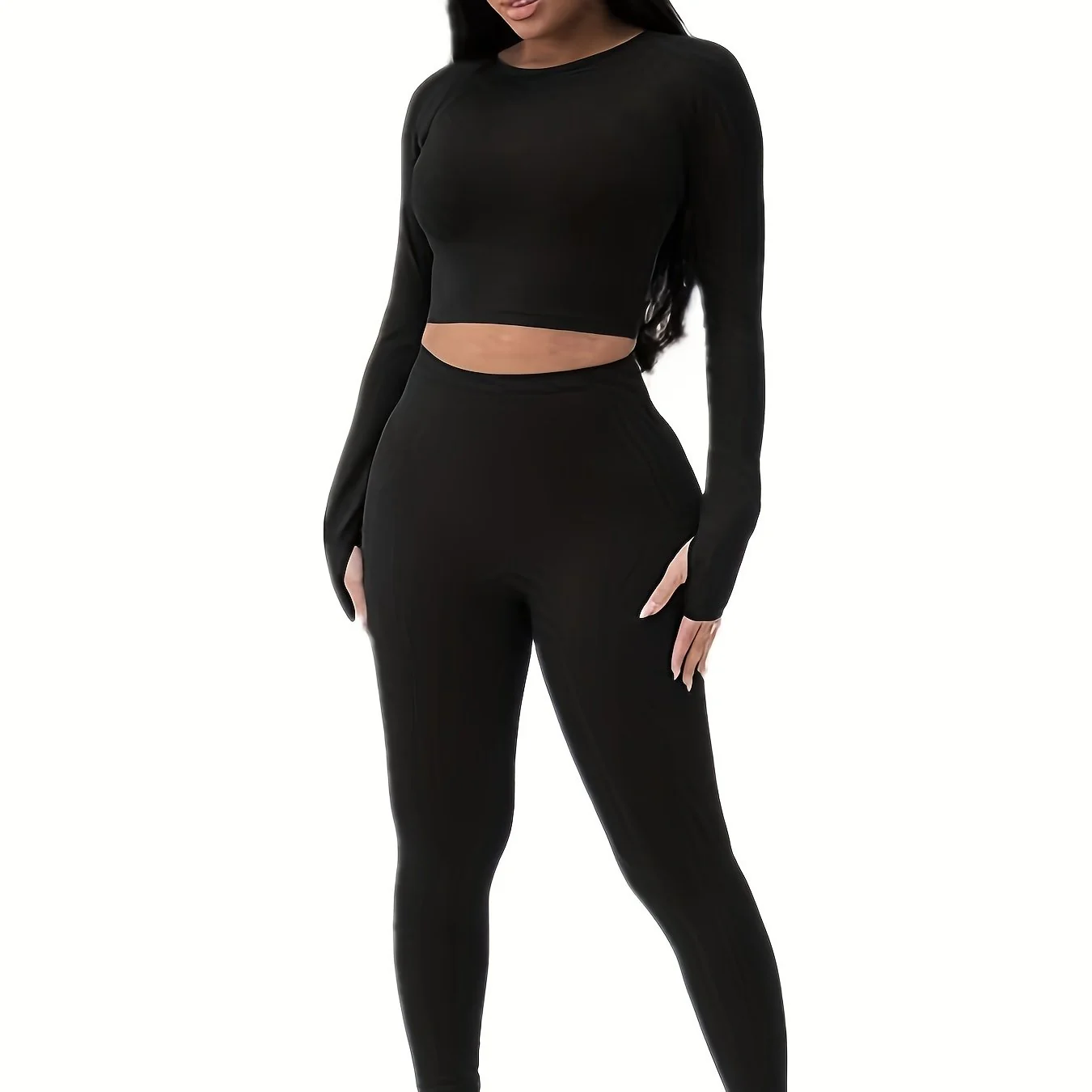 deanwangkt-1  Solid Bodycon Two-piece Set, Crew Neck Long Sleeve Tops & High Waist Long Length Pants Outfits, Women's Clothing - Deanwangkt