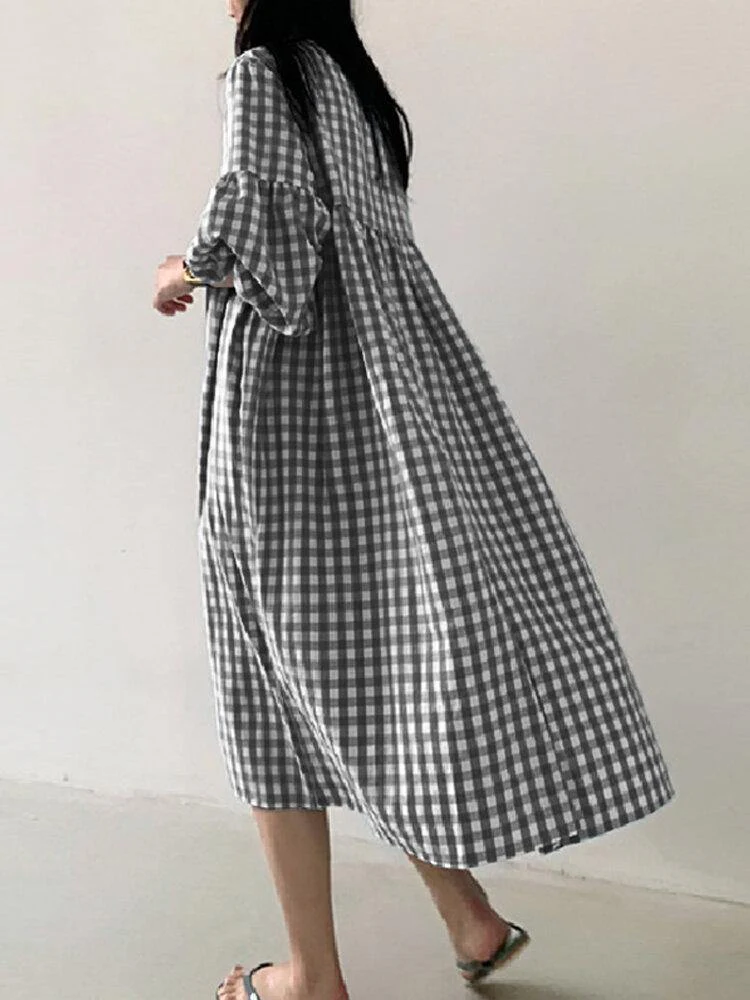 deanwangkt Women's Casual Plaid Midi Dress with Bohemian Puff Sleeves - Deanwangkt