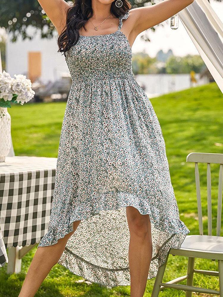 deanwangkt Floral Print Sleeveless Backless Ruffles Irregular Hem Holiday Midi Dress For Women - Deanwangkt