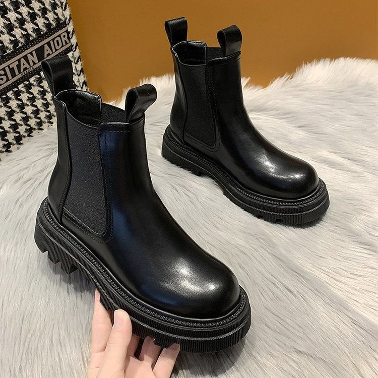 DEANWANGKT Christmas Gift  New Chunky Boots Fashion Platform Women Ankle Female Sole Pouch Ankle Botas Mujer Round Toe Slip-On Botas Altas Mujer - Deanwangkt