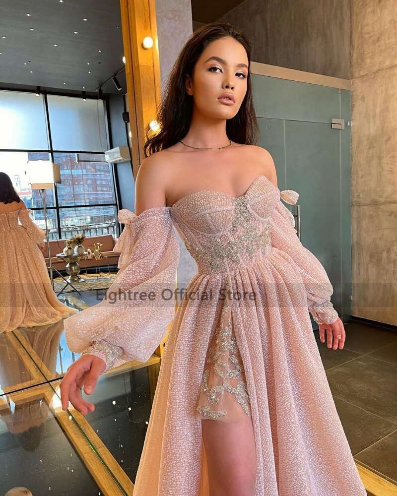 deanwangkt Pink Wedding Dresses  Puff Long Sleeve Bride Dress Split Side A Line Sexy Beach Wedding Gowns Robe de Mariee - Deanwangkt