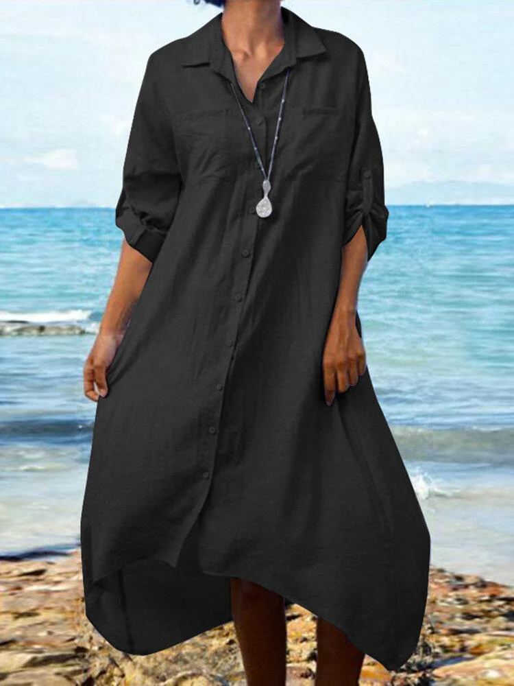 deanwangkt Women Cotton Lapel Collar Solid Color High-low Hem Casual Shirt Dress - Deanwangkt