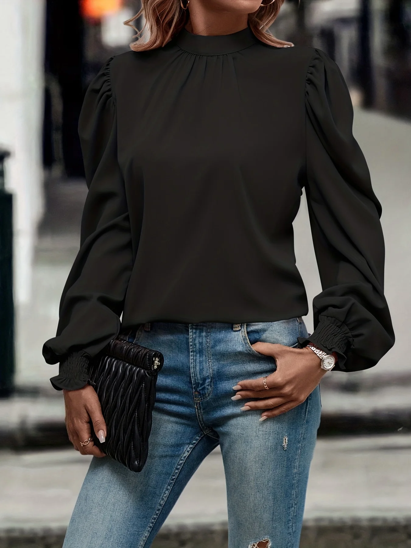 Mock Neck Puff Sleeve Blouse, Casual Solid Blouse For Spring & Fall, Women's Clothing - Deanwangkt