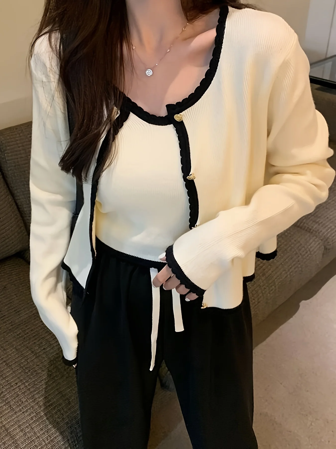 deanwangkt  Contrast Trim Two-piece Set, Cami Top & Button Front Long Sleeve Cardigan Outfits, Women's Clothing - Deanwangkt