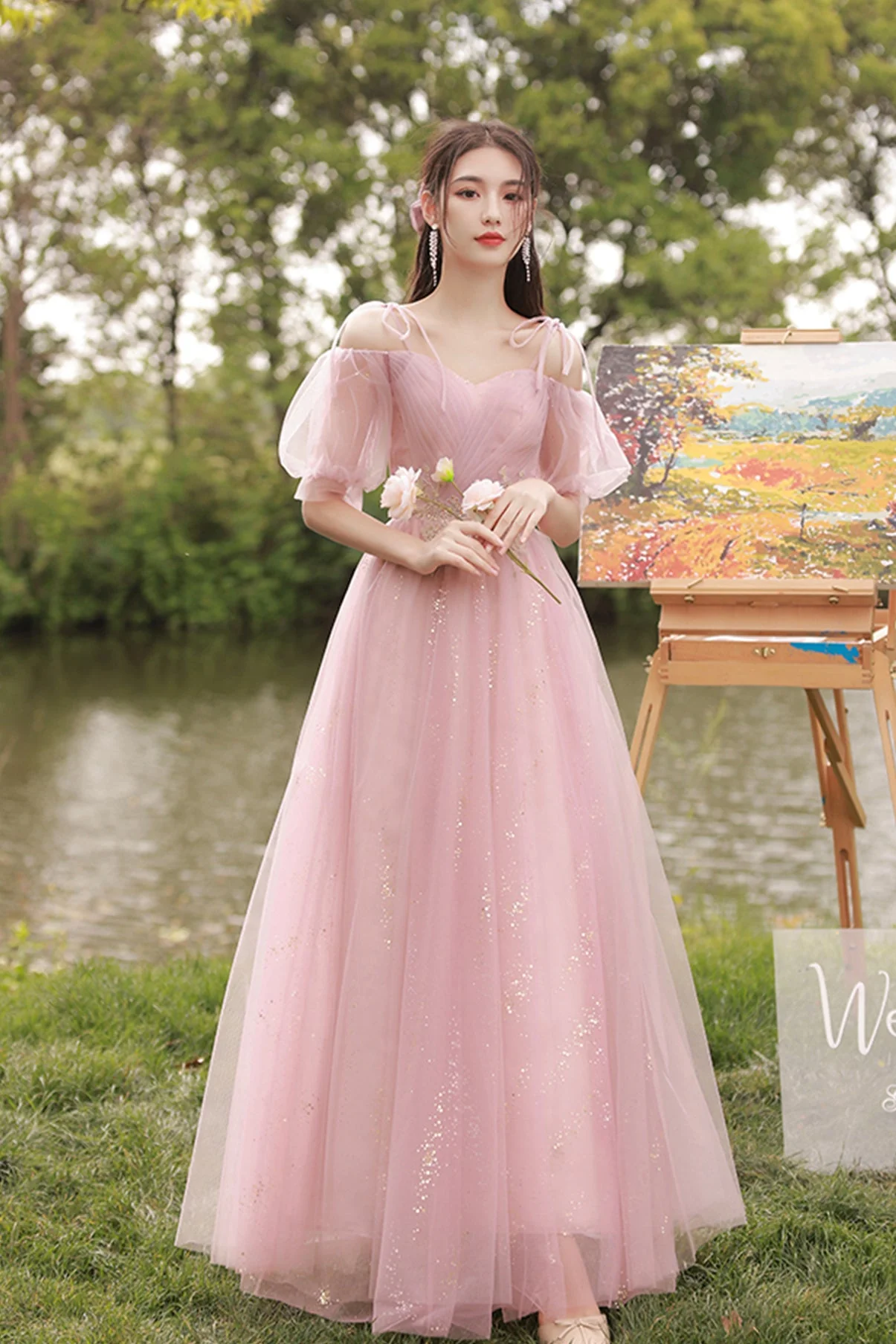 solvbao Pink Lace Long Prom Dresses, A-Line Evening Dresses - Deanwangkt