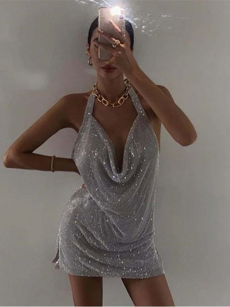 deanwangkt  Rhinestone Mini Party Dresses Women Backless Pink Sexy Dress Halter Night Club Glitter Sequin Dress Vestidos Christmas - Deanwangkt
