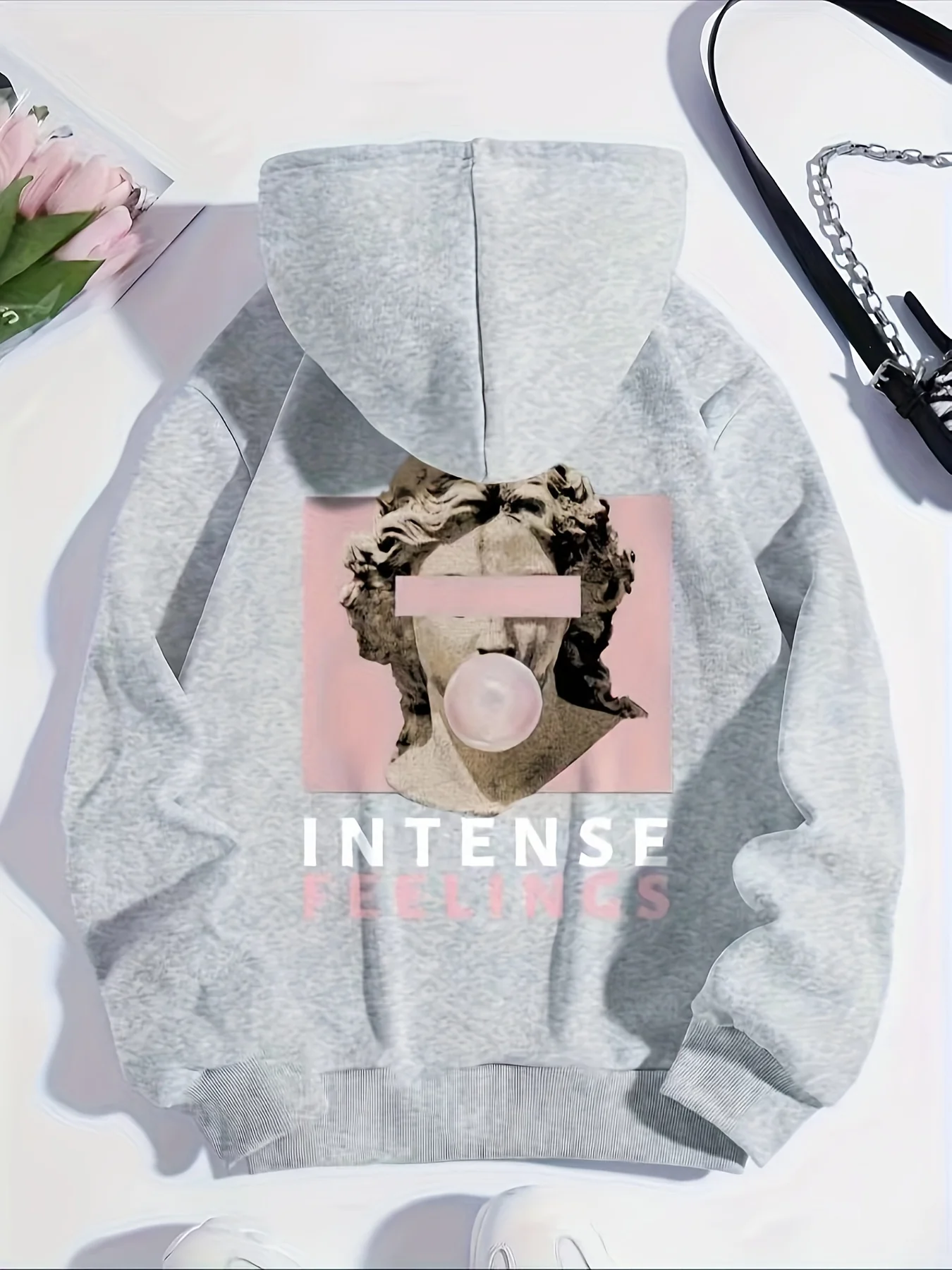 Sculpture & Letter Graphic Kangaroo Pocket Drawstring Thermal Hoodie, Hooded Sports Sweatshirt, Women's Sporty Sweatshirts - Deanwangkt