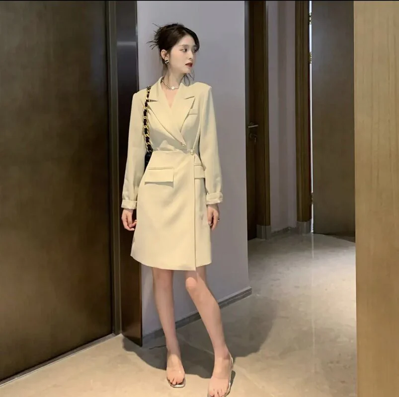 deanwangkt Korean Chic Solid Short Dresses for Women  Autumn New Fashion Long Sleeve Notched Slim Office Lady A-line Female Clothing - Deanwangkt