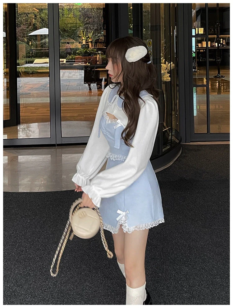 deanwangkt Lace Japanese Sweet Lolita Dress Women Bow Pink Kawaii Party Mini Dresses Female Blue Princess Korean Fashion Dresse Winter - Deanwangkt