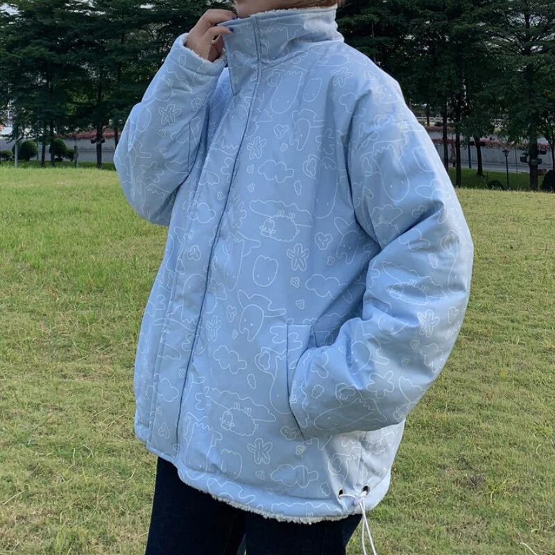 deanwangkt Women Double Sided Jacket Imitation Lambswool Winter Warm Coats Pattern Outerwear Oversized Tops Fashion Reversible Jacket - Deanwangkt