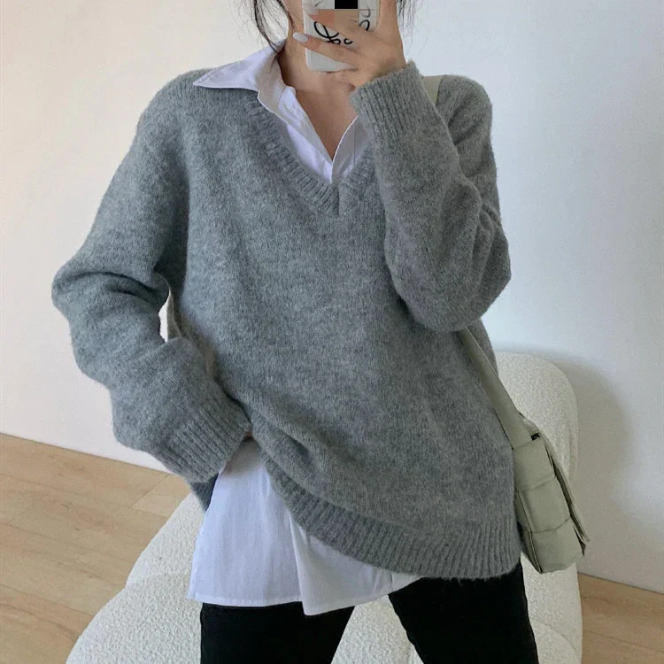 deanwangkt Woman Sweaters Autumn Winter Korean New Pullovers Raglan Sleeve V Neck Knitted Tops Casual Loose Jumpers Gray Blue - Deanwangkt