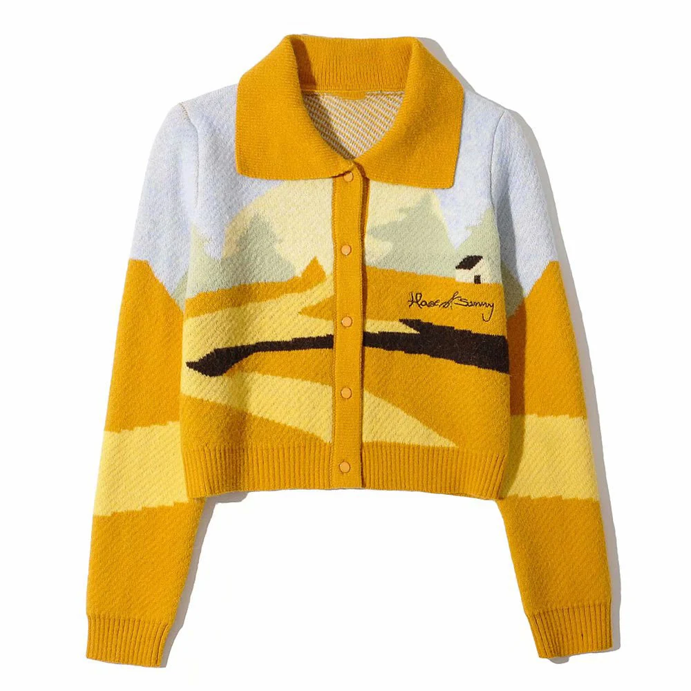 deanwangkt Women Winter Cardigans With Turn-Down Collar Seaside Scenery Print Long Sleeve Knitted Outwear Green Yellow Coat - Deanwangkt