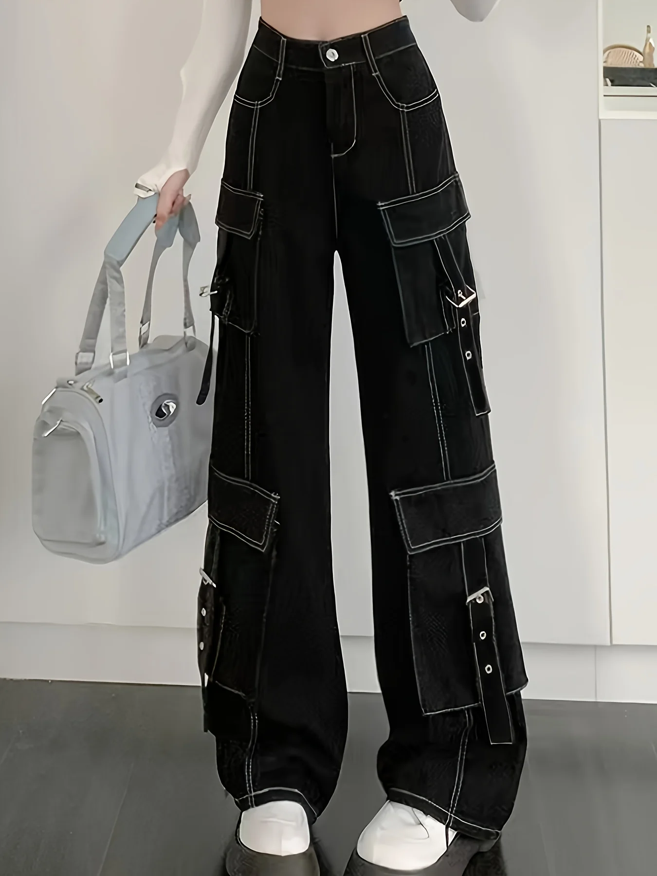 deanwangkt-1 Flap Pockets Chic Cargo Pants, Loose Fit Non-Stretch Wide Legs Jeans, Women's Denim Jeans & Clothing - Deanwangkt