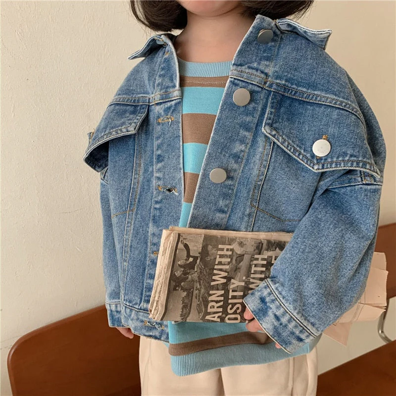 Spring Fall Boys and girls Casual All-match Denim Jackets 2-6 Years Kids Turn-down Collar Long Sleeve Coat Children Loose Tops - Deanwangkt