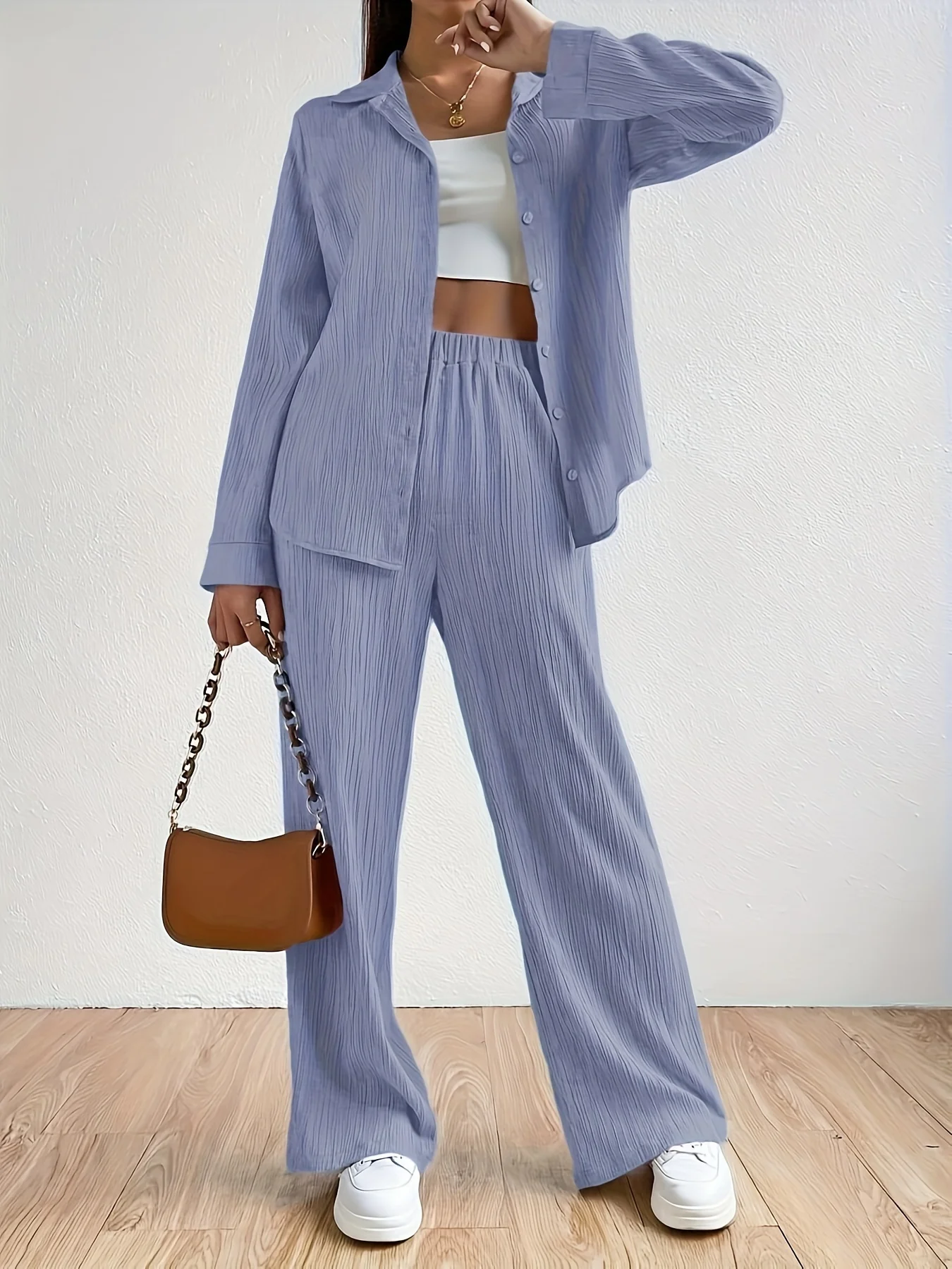 deanwangkt-1  Casual Solid Two-piece Set, Long Sleeve Button Front Shirt & Elastic Waist Pants Outfits, Women's Clothing - Deanwangkt