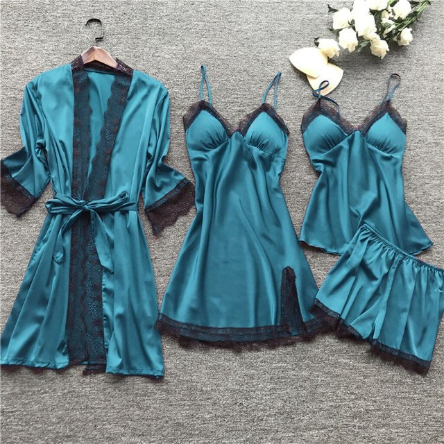 deanwangkt 4 Pieces  Women Pajamas Sets Satin Sleepwear Silk Nightwear Pyjama Soild Strap Lace Sleep Lounge Pijama With Chest Pads - Deanwangkt