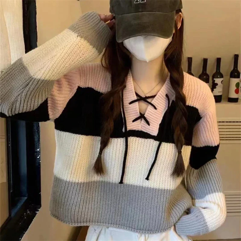 deanwangkt Contrast Lace-Up V-Neck Sweater Ladies Preppy Style Basic Long Sleeve Knitted Pullovers Women  Autumn Loose Knitwear - Deanwangkt