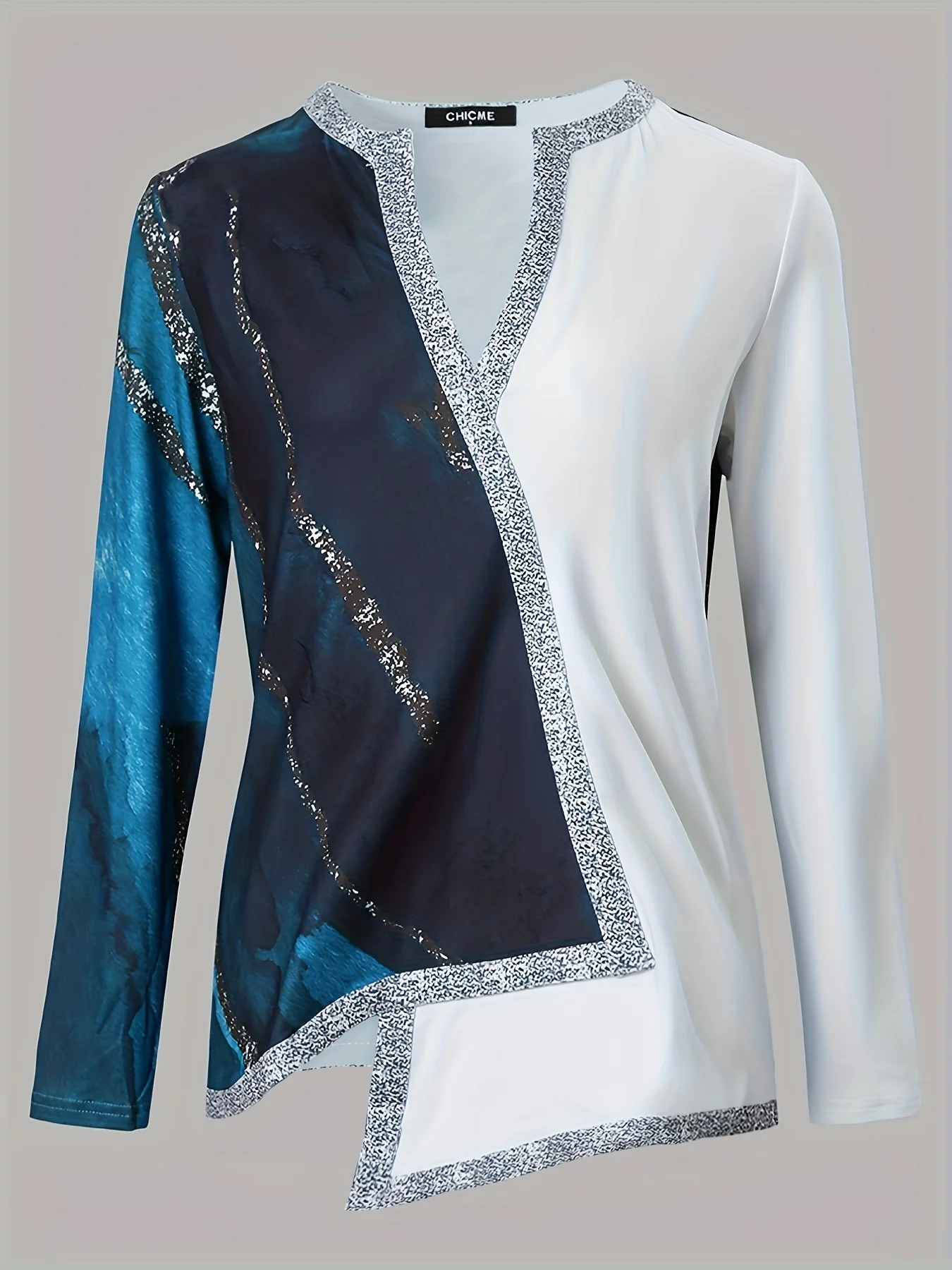 Marble Print Asymmetric Hem Blouse, Casual Notch Neck Long Sleeve Blouse For Spring & Fall, Women's Clothing - Deanwangkt