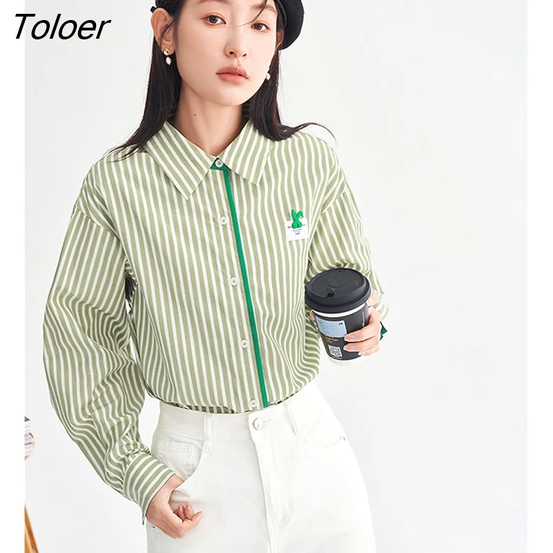 deanwangkt Women Shirts  Spring Long Sleeve Polo Neck Loose Blouse Green and White Stripes Vintage Casual All-match Tops - Deanwangkt