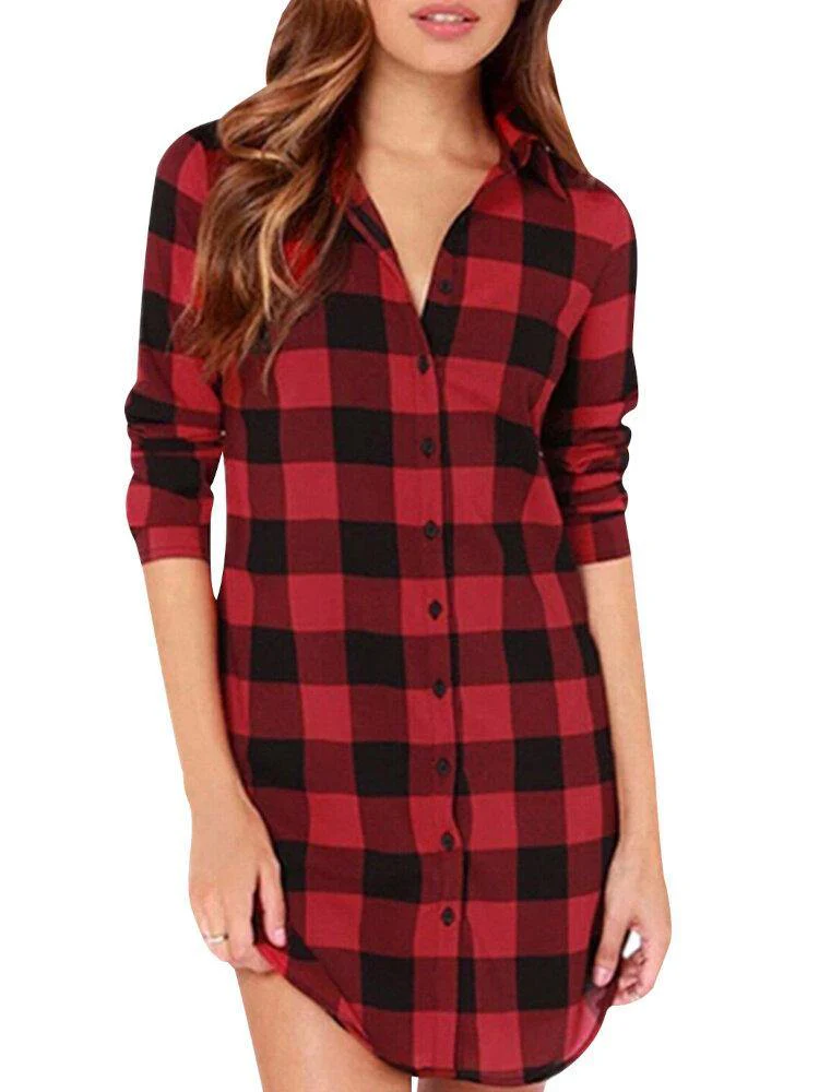 deanwangkt Women Plaid Casual Loose Fit Simple Long Sleeve Shirt - Deanwangkt