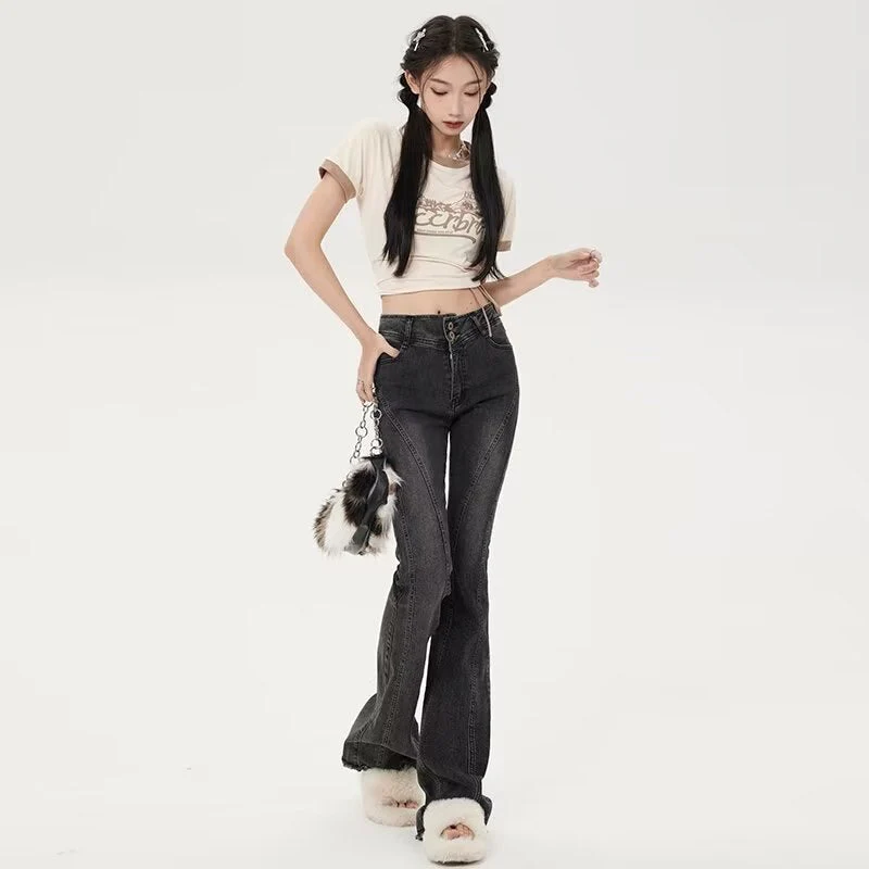 deanwangkt Small American Retro Micro Flared Jeans For Women With A Sense Of Design, Niche High Waisted And Slim, Versatile Floor Mop Pants - Deanwangkt